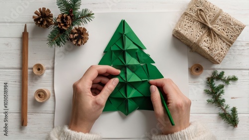 Woman assembling a green origami christmas tree for the holidays