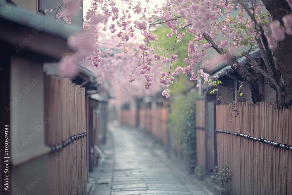 A serene path lined with cherry blossoms, creating a tranquil atmosphere. A serene path lined with cherry blossoms, creating a tranquil atmosphere.