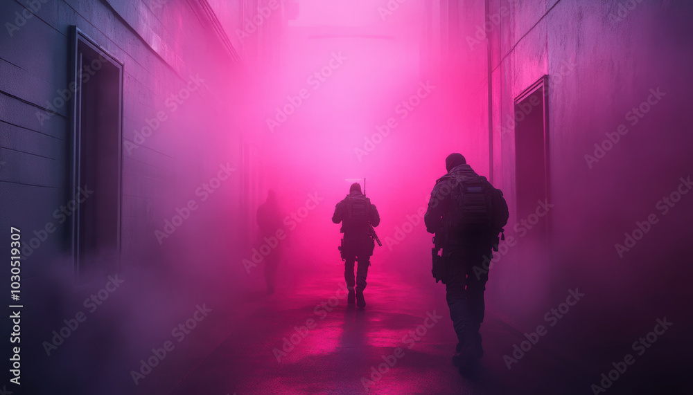 Futuristic soldiers in tense standoff navigate neon lit alley shrouded in mist, creating atmosphere of suspense and anticipation Futuristic soldiers in tense standoff navigate neon lit alley shrouded in mist, creating atmosphere of suspense and anticipation