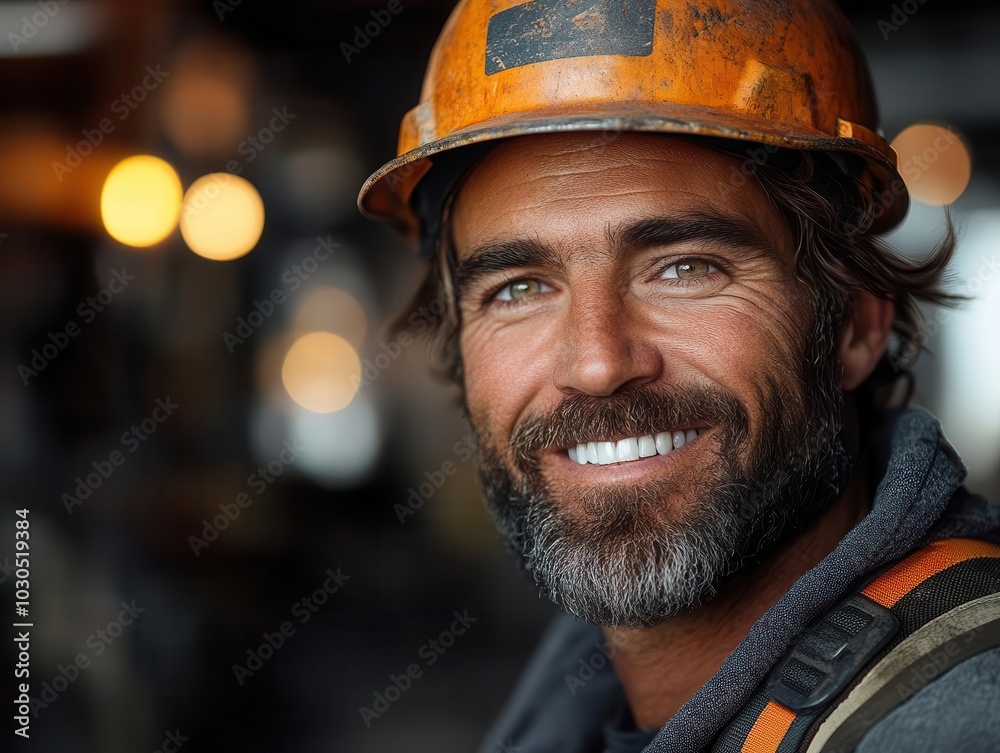 in a bustling construction site, a cheerful builder, clad in a hard hat and safety gear, beams with pride, embodying positivity and dedication amid the energy of the construction environment in a bustling construction site, a cheerful builder, clad in a hard hat and safety gear, beams with pride, embodying positivity and dedication amid the energy of the construction environment