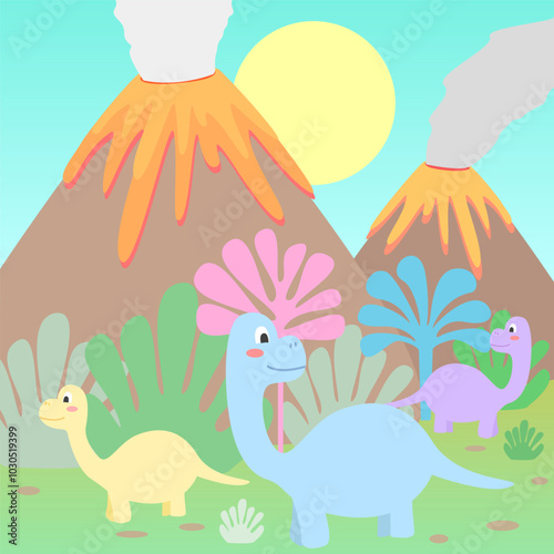 Cute vector illustration of colorful dinosaurs in the forest with erupting volcanoes and sun