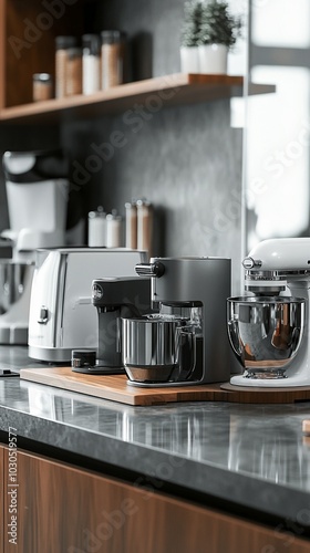 Modern kitchen countertop with sleek appliances: coffee maker, toaster, and stand mixer. Wooden shelves above display organized kitchenware and plants.