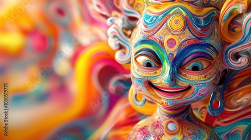 Batukham figure beaming with happiness, with a colorful and detailed abstract background of vibrant swirls and patterns.