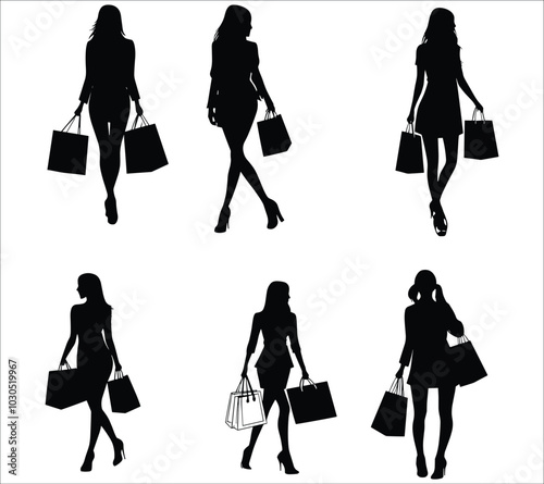 Set of shopping girl silhouettes, Silhouette of a woman with shopping bags, Silhouettes of people with shopping bags vector, Black silhouettes of woman with shopping bags