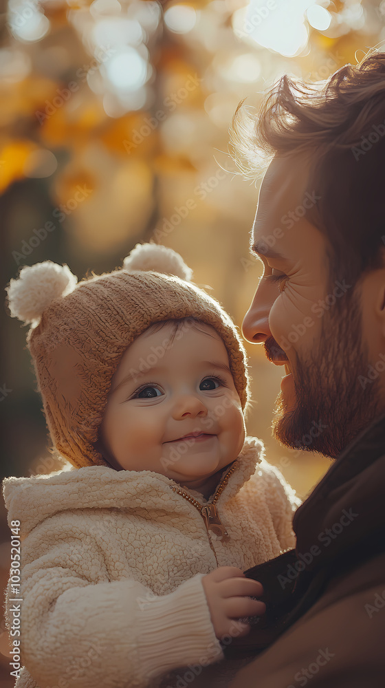 young father play with a little daughter in autumn park. Dad holding baby girl in hands. Happy family