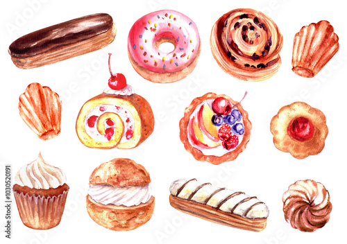 Hand drawn watercolor sweet dessert cake set. Pink donut, cupcake, fruit tart, chocolate and vanilla eclair, madeleine, cookies, cherry biscuit roll