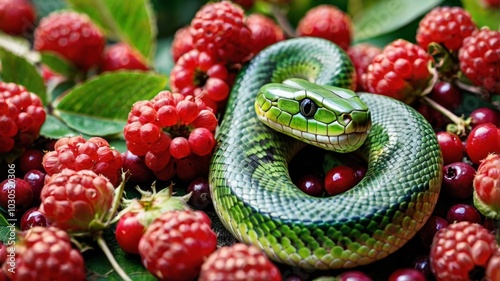 Green snake resting on a bed of red berries