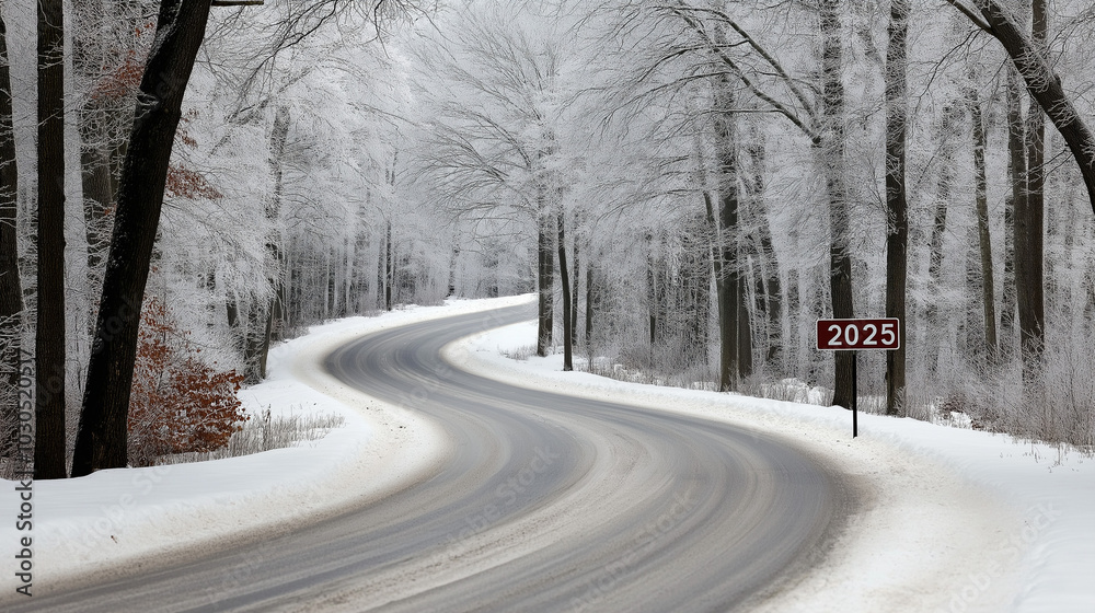 Winter morning forest with a road curving around a signpost reading Winter morning forest with a road curving around a signpost reading