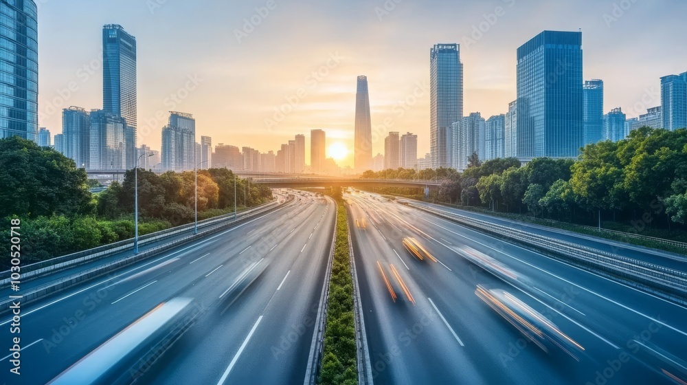 Panoramic view of a highway and city skyline in Guangzhou at sunrise Panoramic view of a highway and city skyline in Guangzhou at sunrise