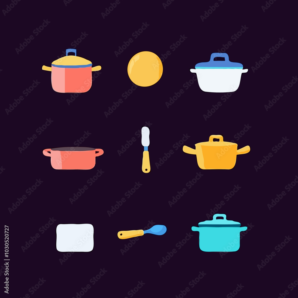 A set of colorful kitchenware icons, including pots, pans, knives, spoons, and cutting boards. Perfect for cooking-related apps, websites, or recipe projects A set of colorful kitchenware icons, including pots, pans, knives, spoons, and cutting boards. Perfect for cooking-related apps, websites, or recipe projects