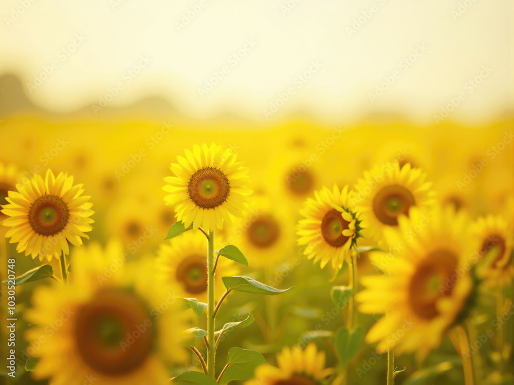 Fototapeta premium Sunflowers blooming in field during golden hour
