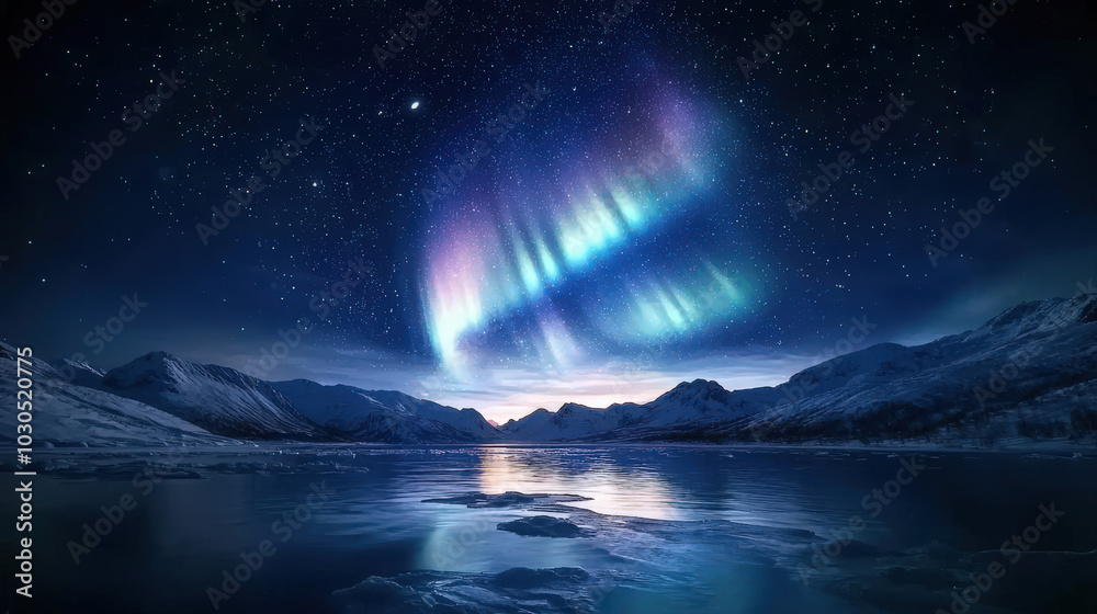 Fototapeta premium stunning display of aurora borealis dances above serene icy fjord, reflecting vibrant colors in calm waters below. majestic mountains frame this breathtaking winter landscape