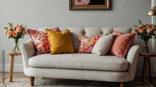 Elegant living room with white sofa decorated with colorful pillows and flowers