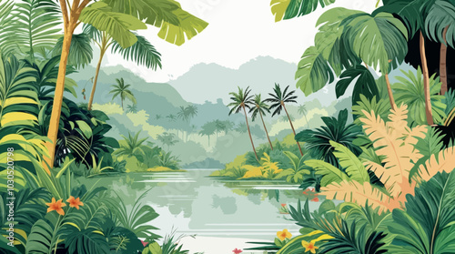 A tranquil tropical jungle scene with lush greenery, palm trees, and a peaceful river. Perfect for travel, nature, and outdoor projects, showcasing the beauty of tropical forests