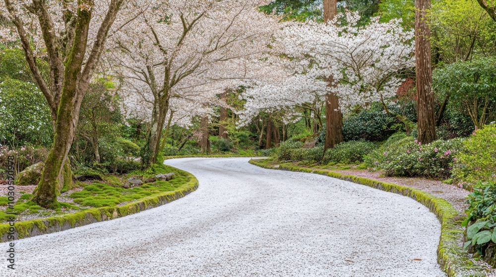 A serene winding path lined with cherry blossom trees in a lush green environment. A serene winding path lined with cherry blossom trees in a lush green environment.