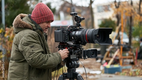 Dedicated filmmaker braves chilly weather to capture autumn scenes in urban garden, showcasing commitment to craft with professional camera setup.