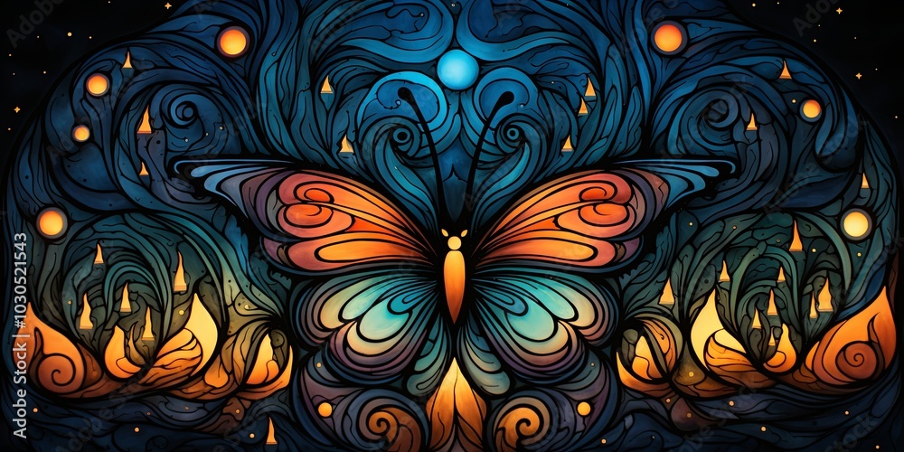 Fototapeta premium A vibrant butterfly with swirling wings takes flight against a backdrop of glowing, abstract shapes, creating a mesmerizing visual experience.
