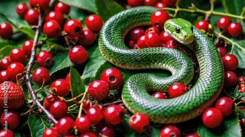 Green snake laying on red berries and green leaves