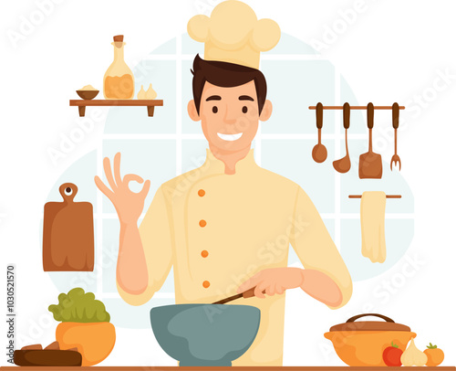 Illustration of a cheerful chef in a kitchen preparing food, giving an OK hand gesture while stirring ingredients in a bowl.