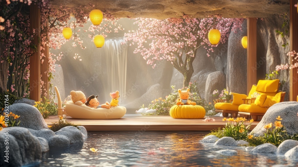 Fototapeta premium A serene scene with characters enjoying nature near a waterfall and blooming trees.
