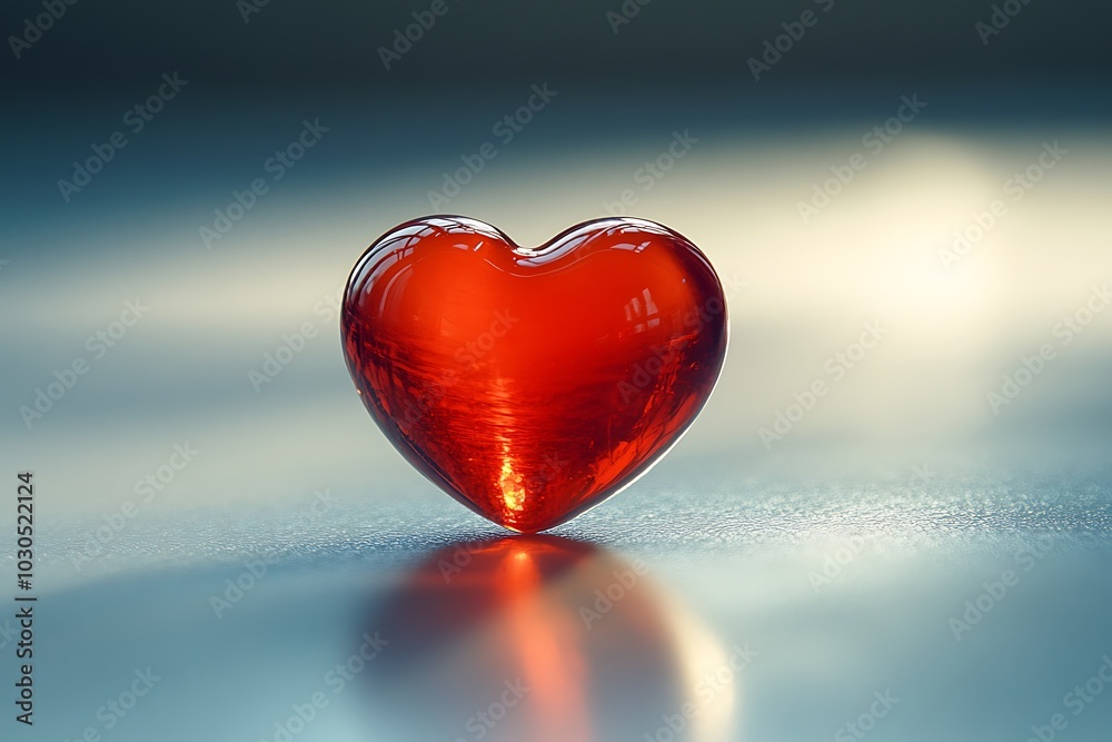 A shiny red glass heart on a reflective surface. A shiny red glass heart on a reflective surface.