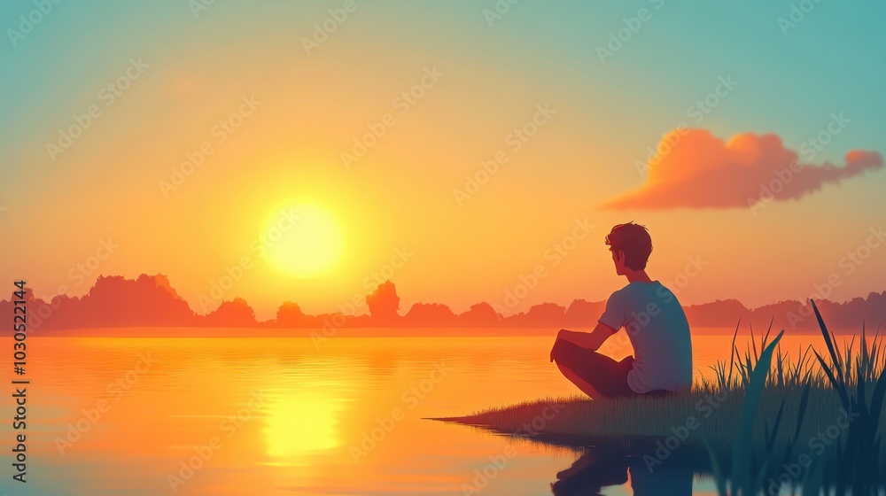 A man sits peacefully on the shore of a tranquil lake at sunrise, deeply engaged in the moment as the sun rises above the horizon A man sits peacefully on the shore of a tranquil lake at sunrise, deeply engaged in the moment as the sun rises above the horizon