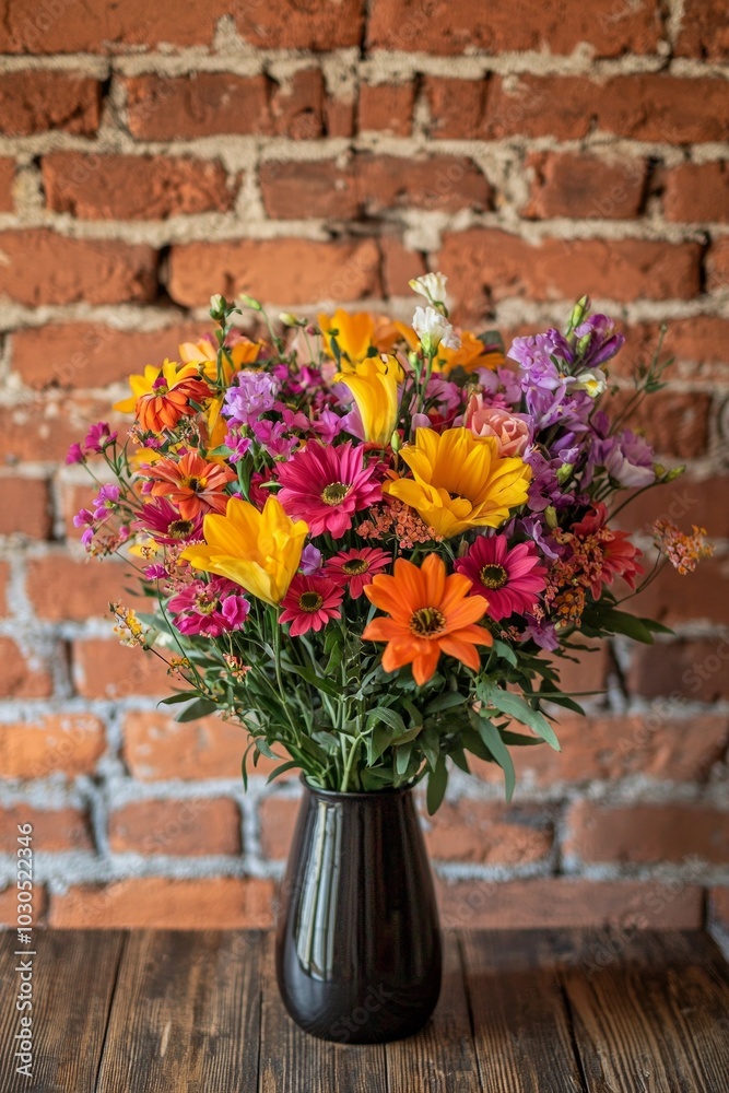 A vibrant bouquet of flowers in a vase placed on a wooden table with a rustic brick wall in the background. A vibrant bouquet of flowers in a vase placed on a wooden table with a rustic brick wall in the background.