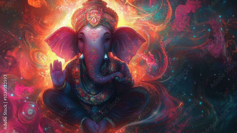 Fototapeta premium Cheerful Batukham with a glowing aura, amidst a striking abstract backdrop of swirling patterns and radiant colors.