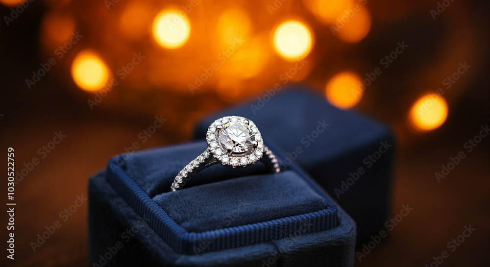 Diamond engagement ring with sparkling stones set on velvet box illuminated by soft lights Diamond engagement ring with sparkling stones set on velvet box illuminated by soft lights