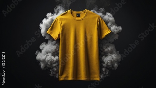 Yellow t-shirt floating in smoke cloud on black background
