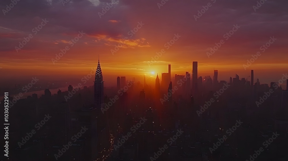 Fototapeta premium Stunning sunset over a silhouetted city skyline with dramatic clouds.