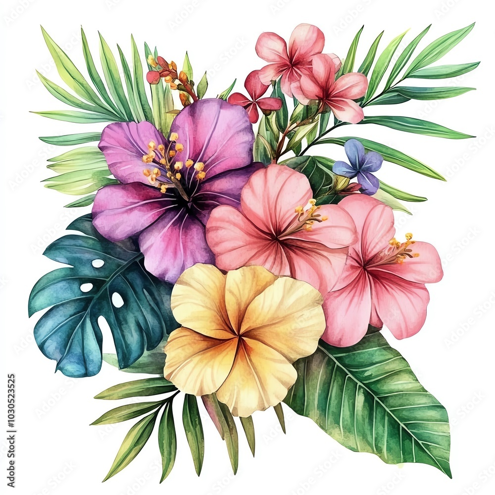Obraz premium A vibrant arrangement of tropical flowers and foliage, perfect for adding a fresh touch to any design project.
