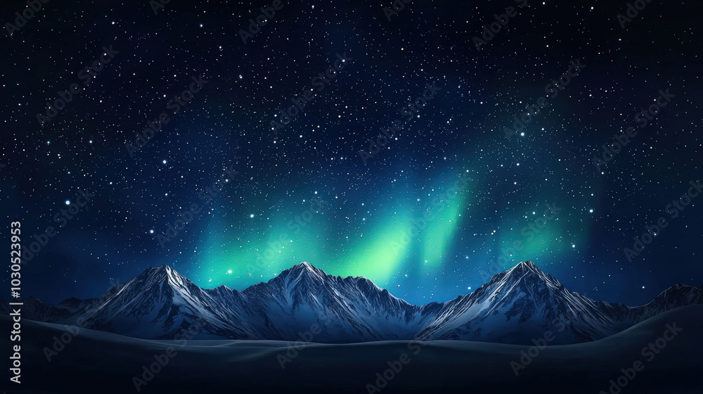 Fototapeta premium breathtaking view of northern lights illuminating snow covered mountains under starry sky. vibrant colors create magical atmosphere, perfect for nature lovers