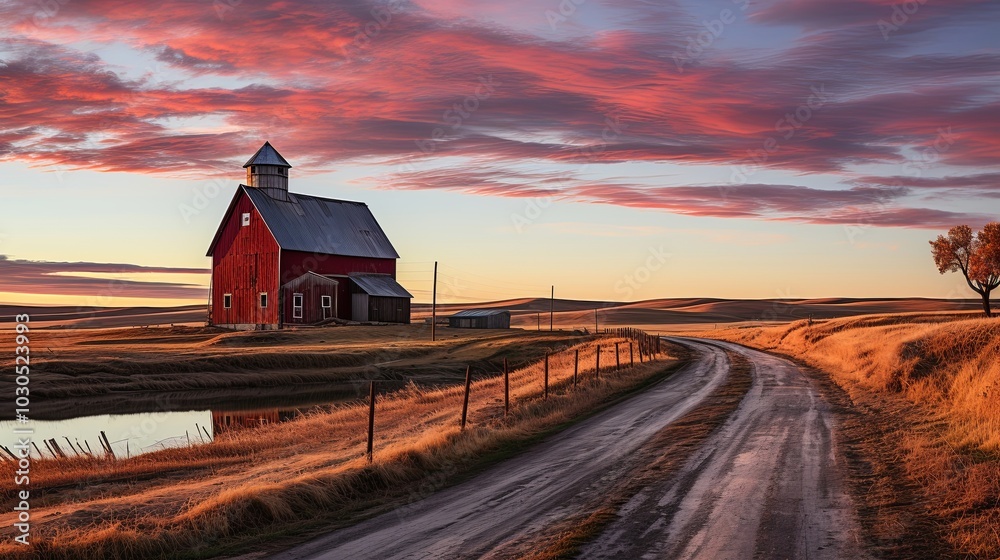 A solitary red barn stands sentinel against the backdrop of a vibrant sunrise, its silhouette framed by rolling hills and a winding dirt road that leads towards the horizon. A solitary red barn stands sentinel against the backdrop of a vibrant sunrise, its silhouette framed by rolling hills and a winding dirt road that leads towards the horizon.