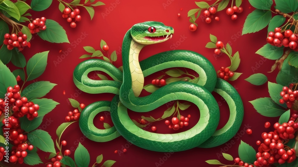 Green snake surrounded by red berries and green vines on red background Green snake surrounded by red berries and green vines on red background