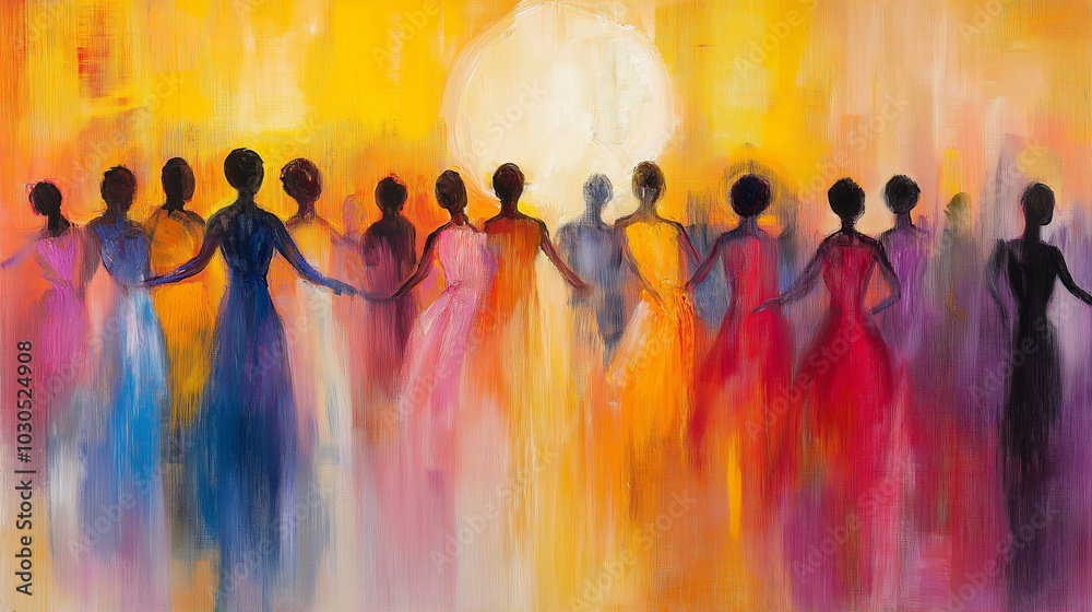 A colorful and abstract painting capturing the upbeat vibe of a community gathering in a spacious outdoor venue. Abstract figures move freely, engaging in various activities, while A colorful and abstract painting capturing the upbeat vibe of a community gathering in a spacious outdoor venue. Abstract figures move freely, engaging in various activities, while