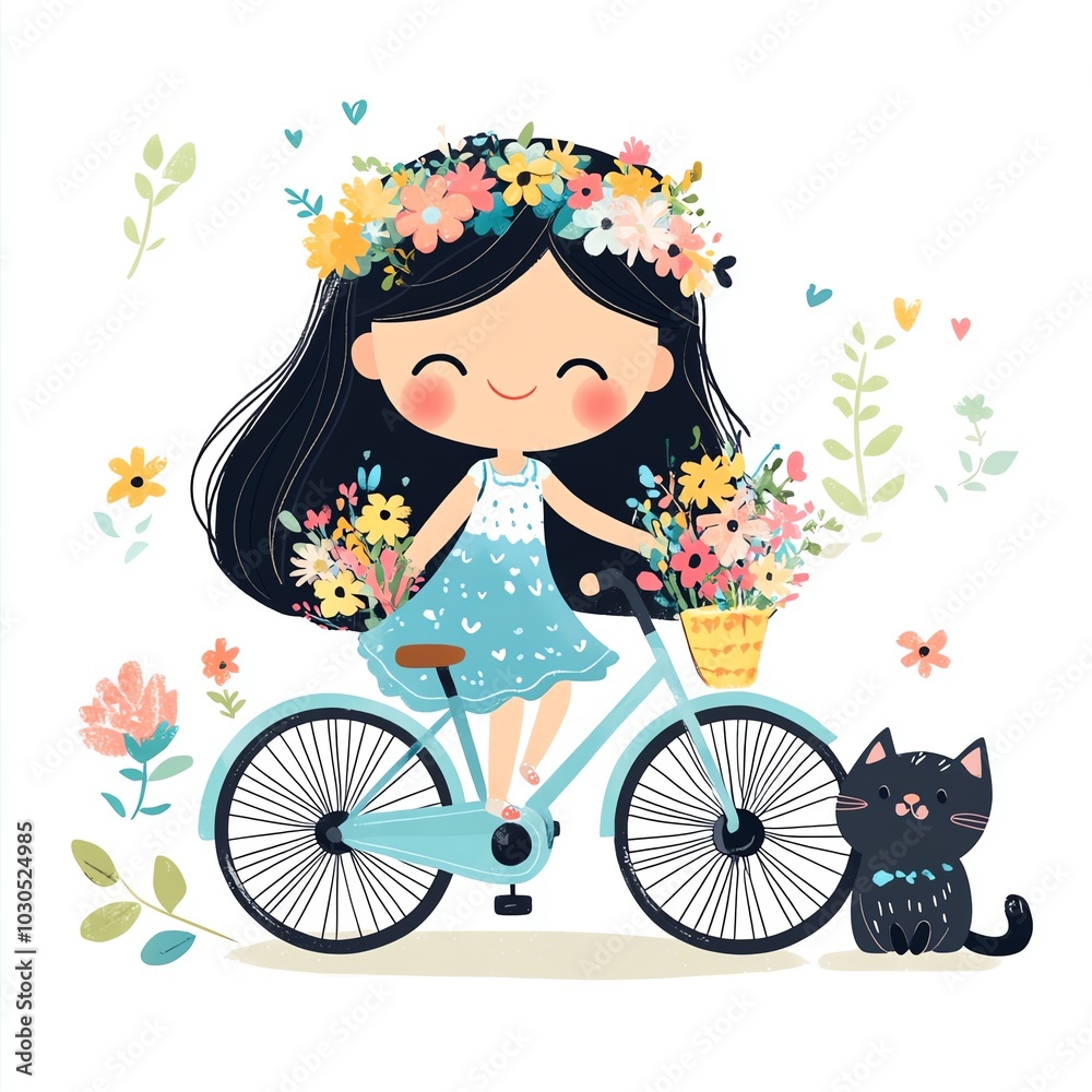 Cheerful girl on a bicycle with flowers in her hair, accompanied by a black cat, celebrating nature and joy. Cheerful girl on a bicycle with flowers in her hair, accompanied by a black cat, celebrating nature and joy.