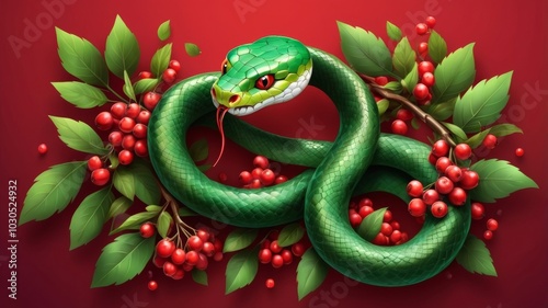 Green snake surrounded by red berries and leaves
