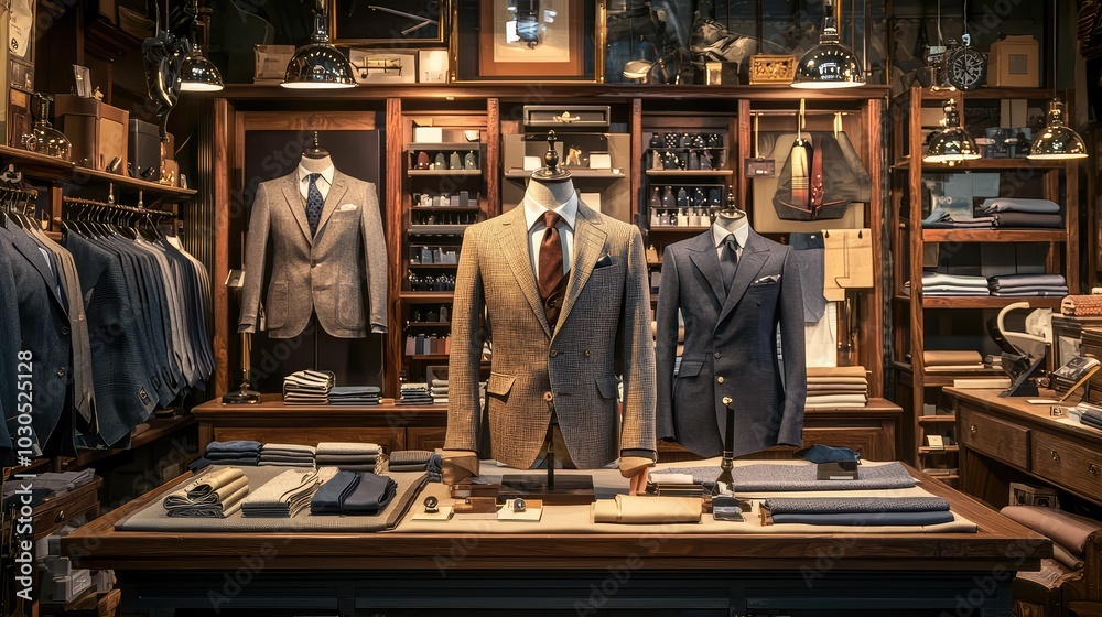 Classic Three-Piece Suit Display in Elegant Shop Classic Three-Piece Suit Display in Elegant Shop