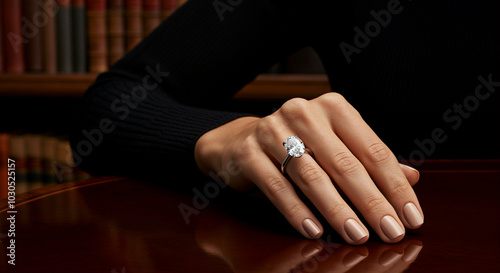 Hand with engagement ring on wooden table showcasing elegant style and luxurious look