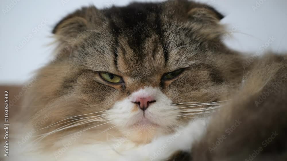Persian cat with a grumpy expression relaxing indoors in a cozy setting during the afternoon