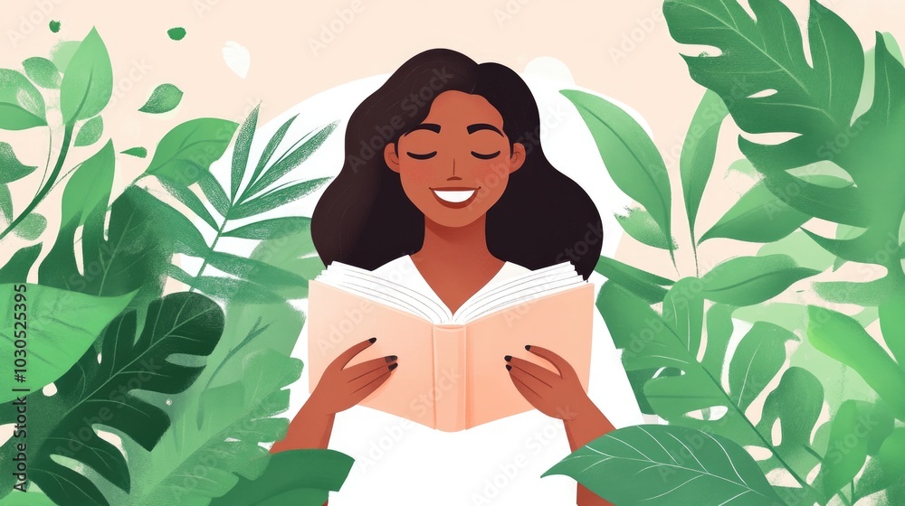 Woman reading book amidst lush greenery in serene nature illustration Woman reading book amidst lush greenery in serene nature illustration