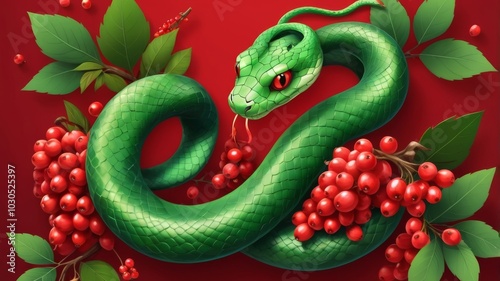 Green snake surrounded by red berries and leaves on red background