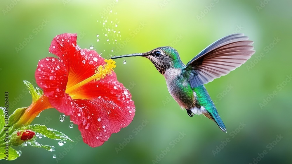 Fototapeta premium A hummingbird hovering near a vibrant red hibiscus flower with droplets of water.