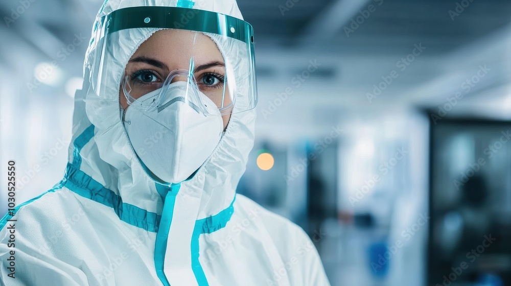 Healthcare professional in full protective gear and face mask in hospital setting Healthcare professional in full protective gear and face mask in hospital setting