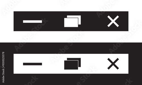 Minimize, Maximize, and Close button icon vector for web and UI. Web buttons for software and application.  Vector illustration isolated on white and black background. EPS 10