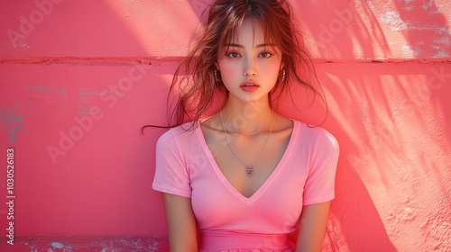 A young woman with long brown hair and a pink top sits in front of a pink wall with her eyes fixed on the camera.