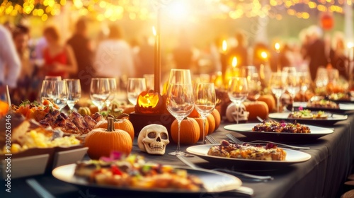 Spooky Halloween garden dinner party in a haunted American mansion black tablecloths