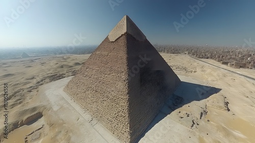 Majestic view of the Great Pyramid of Giza against a clear blue sky. photo