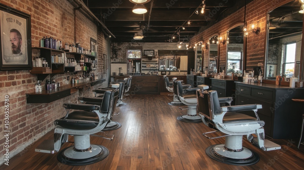Cool, modern barber shop with industrial elements, sleek metal barber chairs, and polished wood floors for a masculine, urban vibe. Cool, modern barber shop with industrial elements, sleek metal barber chairs, and polished wood floors for a masculine, urban vibe.